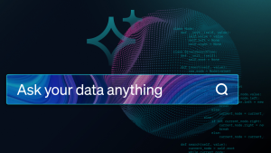 Search bar with "Ask your data anything" with abstract data imagery