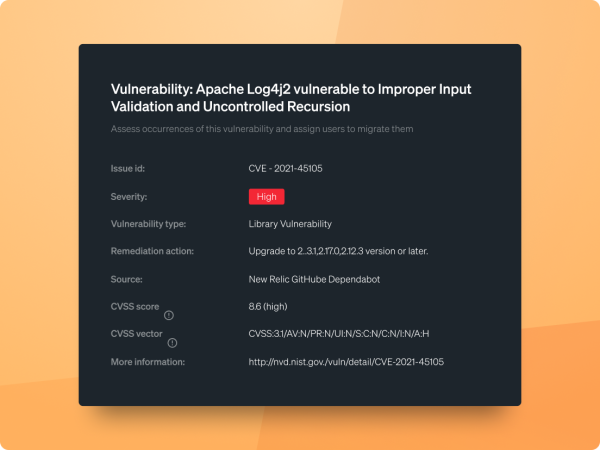 Una ventana de información de vulnerabilidad con el título: "Vulnerabilidad: Apache Log4j2 vulnerable a una validación incorrecta de entradas y recursión no controlada". Se enumeran varios campos debajo de este título.