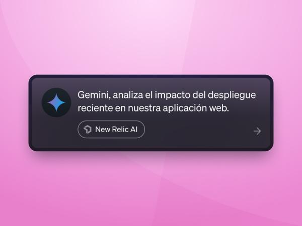 Prompt de chat con la etiqueta "New Relic AI" que dice: Gemini, analiza el impacto del despliegue reciente en nuestra aplicación web.